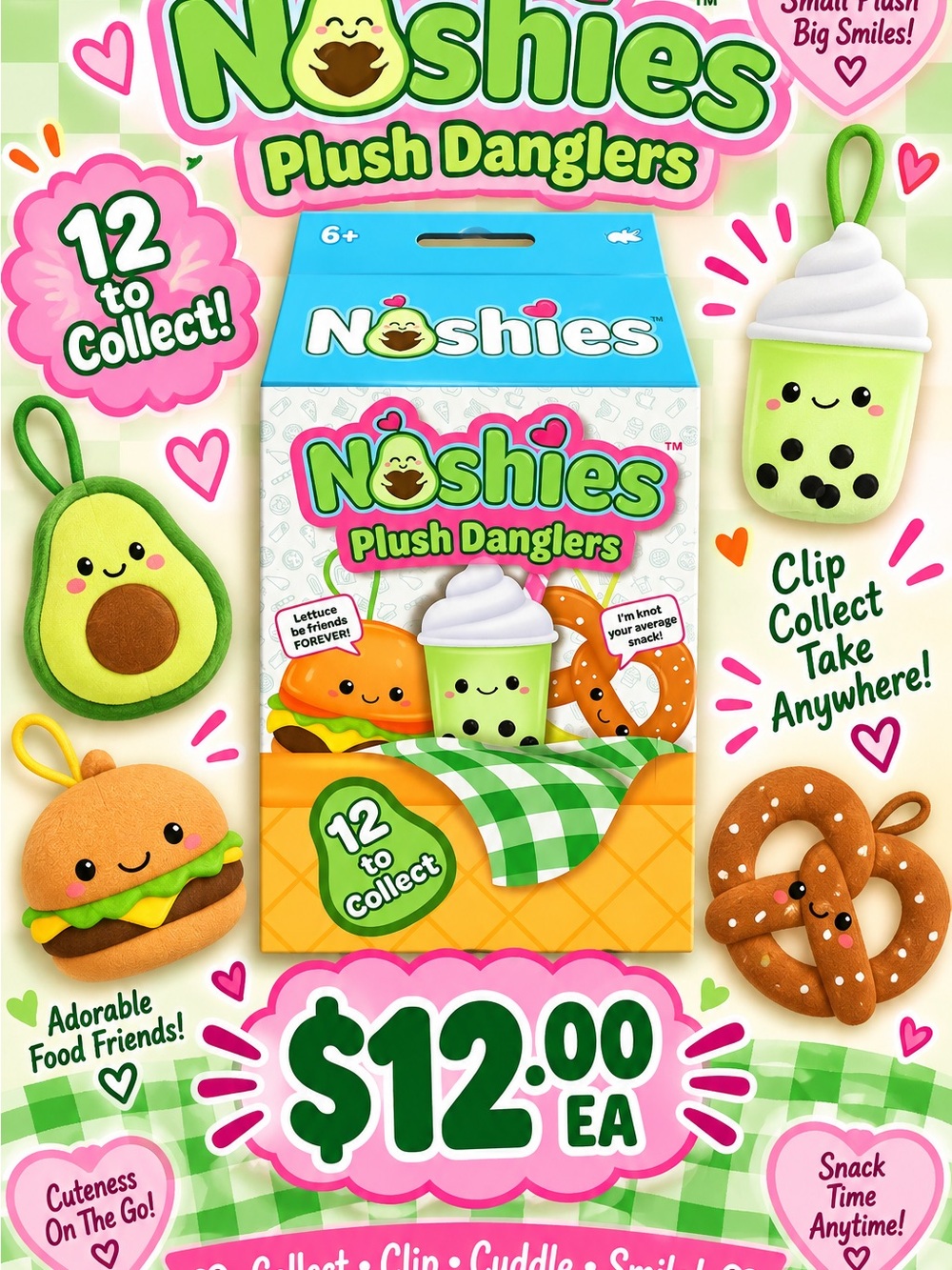 Plush Dangler Kids Toy – Green Avocado & Food Friends